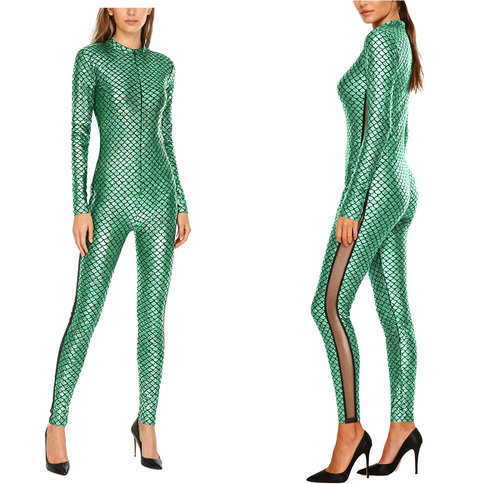 

Женский прозрачный сетчатый комбинезон с принтом металлик и блестящей рыбьей чешуи русалки для Хэллоуина, карнавала, тематической вечеринки, ночного клуба, танца, пляжа, плавания
