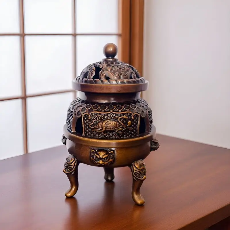 Three-tiered incense burner home use, featuring a design of the four divine beasts, made of metal and used for burning sanda