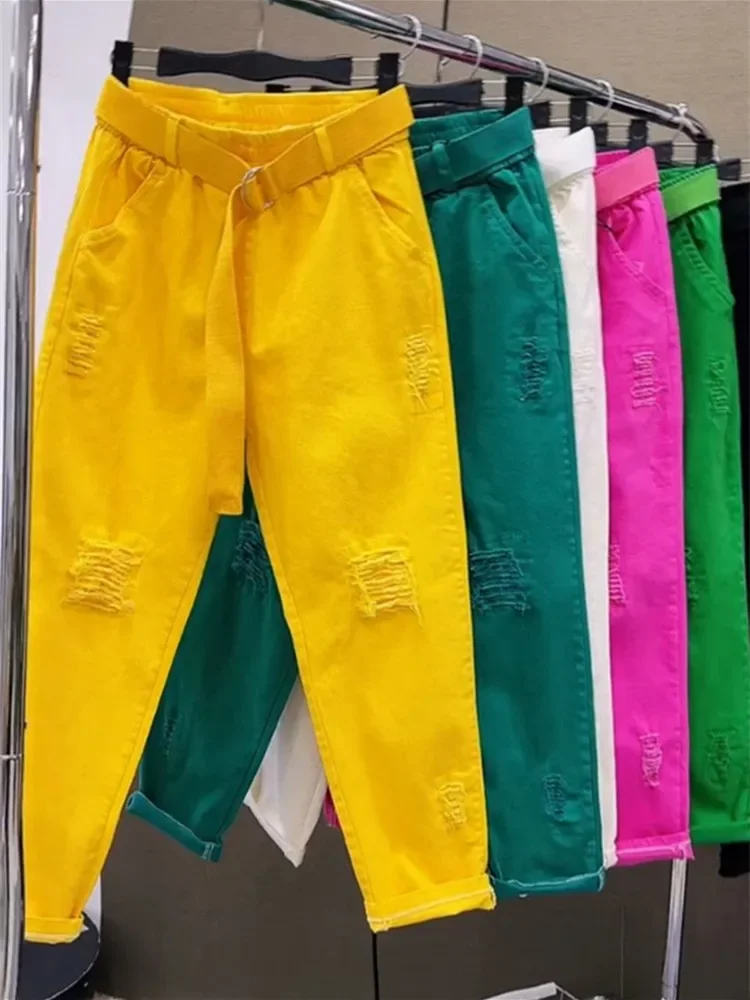 패션 청바지 여성 흰색 봄 가을 새로운 느슨한 데님 하렘 바지 높은 허리 수 놓은 바지 캐주얼 바지 여성