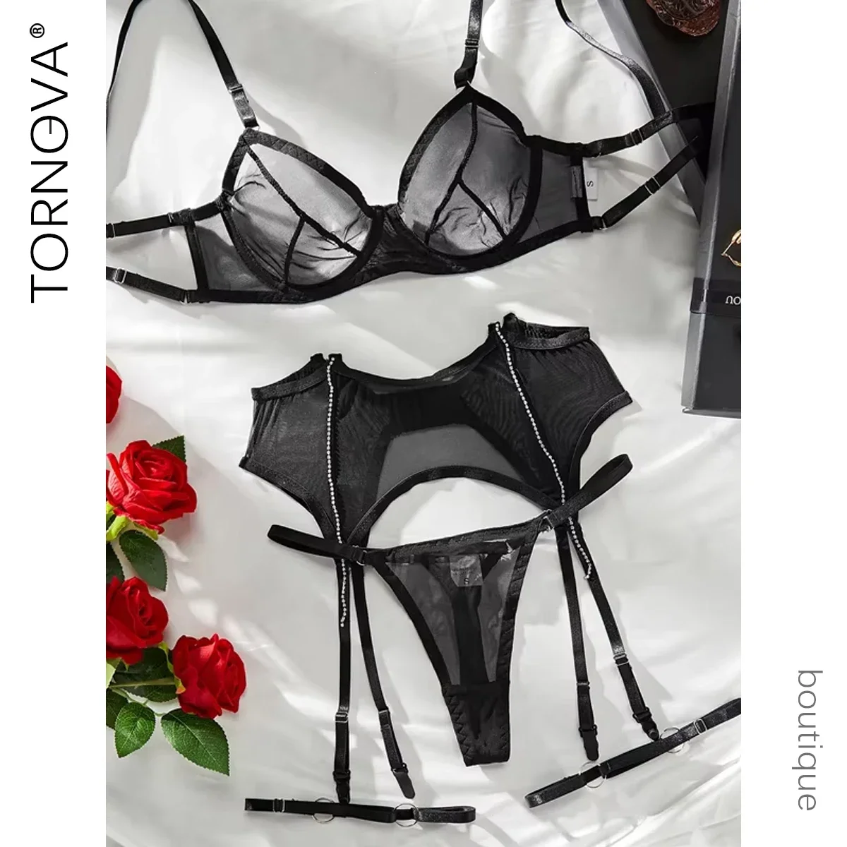 

Tornova Sexy Mesh Lingerie Set Fashion New Hot Drill Decorated Sexy See-through Sexy Mesh Garters Erotic Lingerie Set Female New