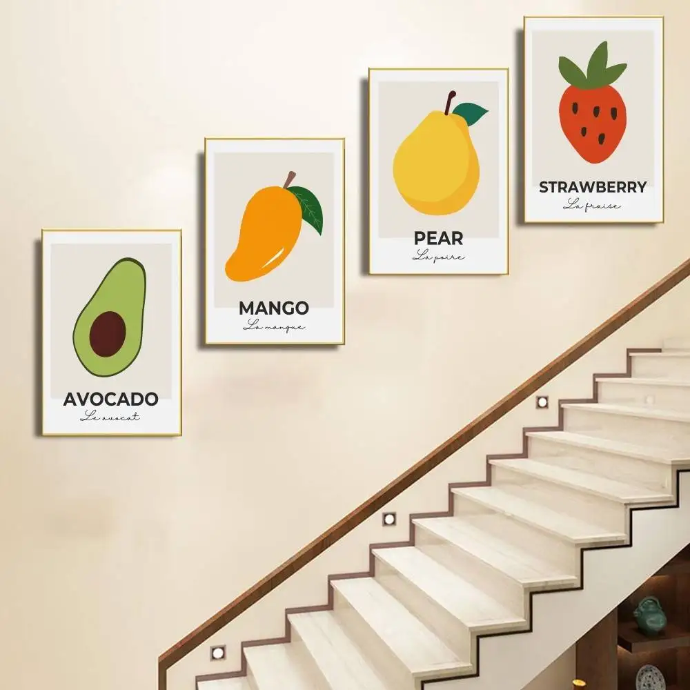 Minimalist Fruit Paper Poster French Text Strawberry Mango Banana Avocado Wall Print for Kitchen Dining Room Cafe Decor Unframed