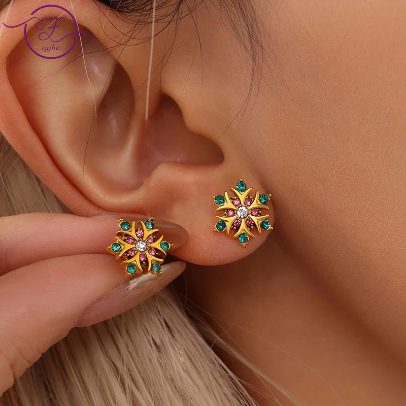

Hand-Set Zircon Snowflake Stud Earrings Stainless Steel 18k Gold Earring Niche Fashion Commuter Jewelry Christmas Gift for Women