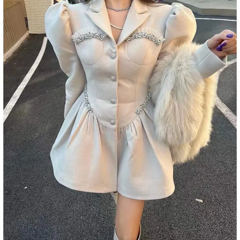 2025 Autumn New Korean-style Wool Blend Coat for Women, Sweet Puff Pleated Skirt, Slim-fit Woolen Suit Dress