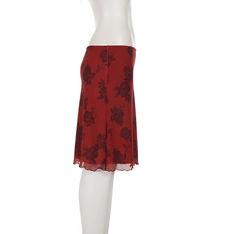 Retro Floral Digital Print Low Waist Lightweight Double Layer Mesh Skirt Temperament Hip Hugging Women Daily Vacation Skirt