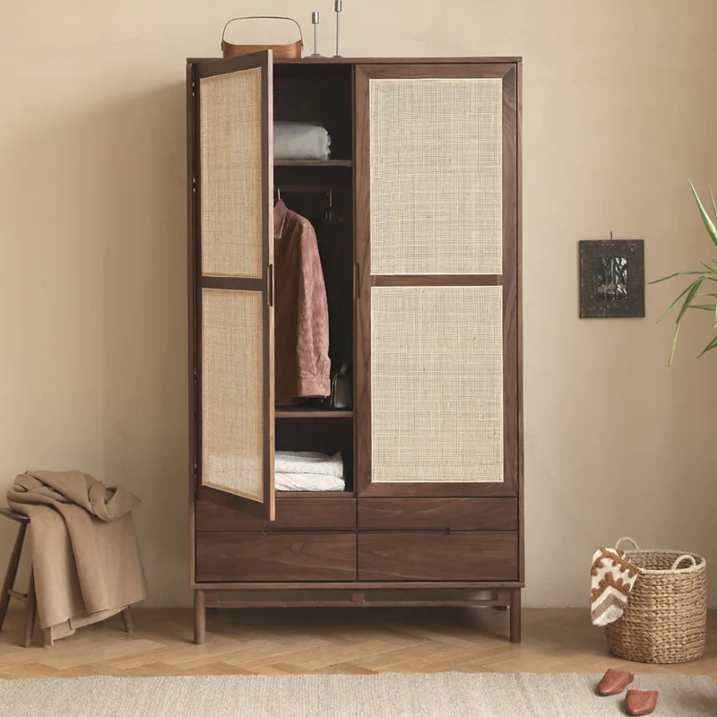 Household Japanese retro rattan wardrobe combination walnut solid wood double door storage wardrobe apartment bedroom designer