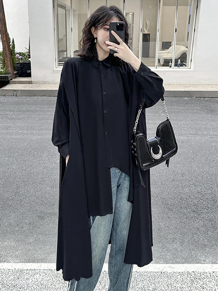 [EAM] Women Black Big Size Irregualr Shirt Dress New Lapel Long Sleeve Loose Fit Fashion Tide Spring Autumn 2024 1DH4289