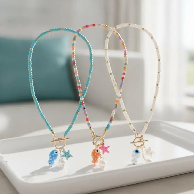 Böhmische, meeresinspirierte Keramik-Fisch-Seestern-Anhänger-Halskette, bunte Perlen, Keramikketten-Armband, Sommer-Ozean-Strand-Schmuck – Detail 9