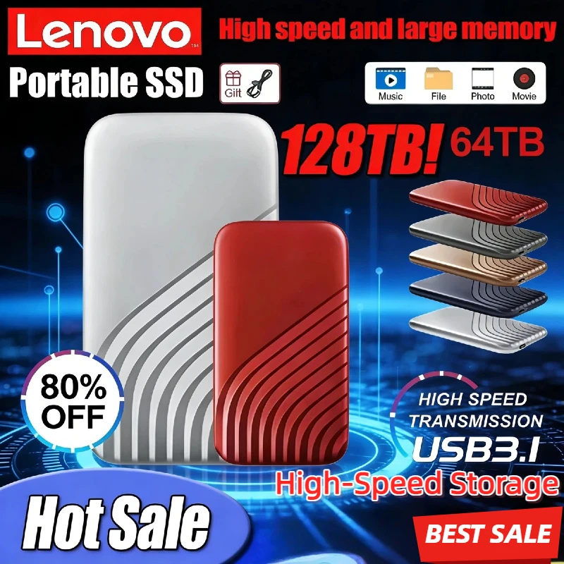 

Портативный SSD-накопитель Lenovo 2ТБ-256ТБ, внешний твердотельный накопитель USB 3.1 Type-C, высокоскоростное хранилище для ноутбуков, Mac, ПК, телефонов, горячая распродажа
