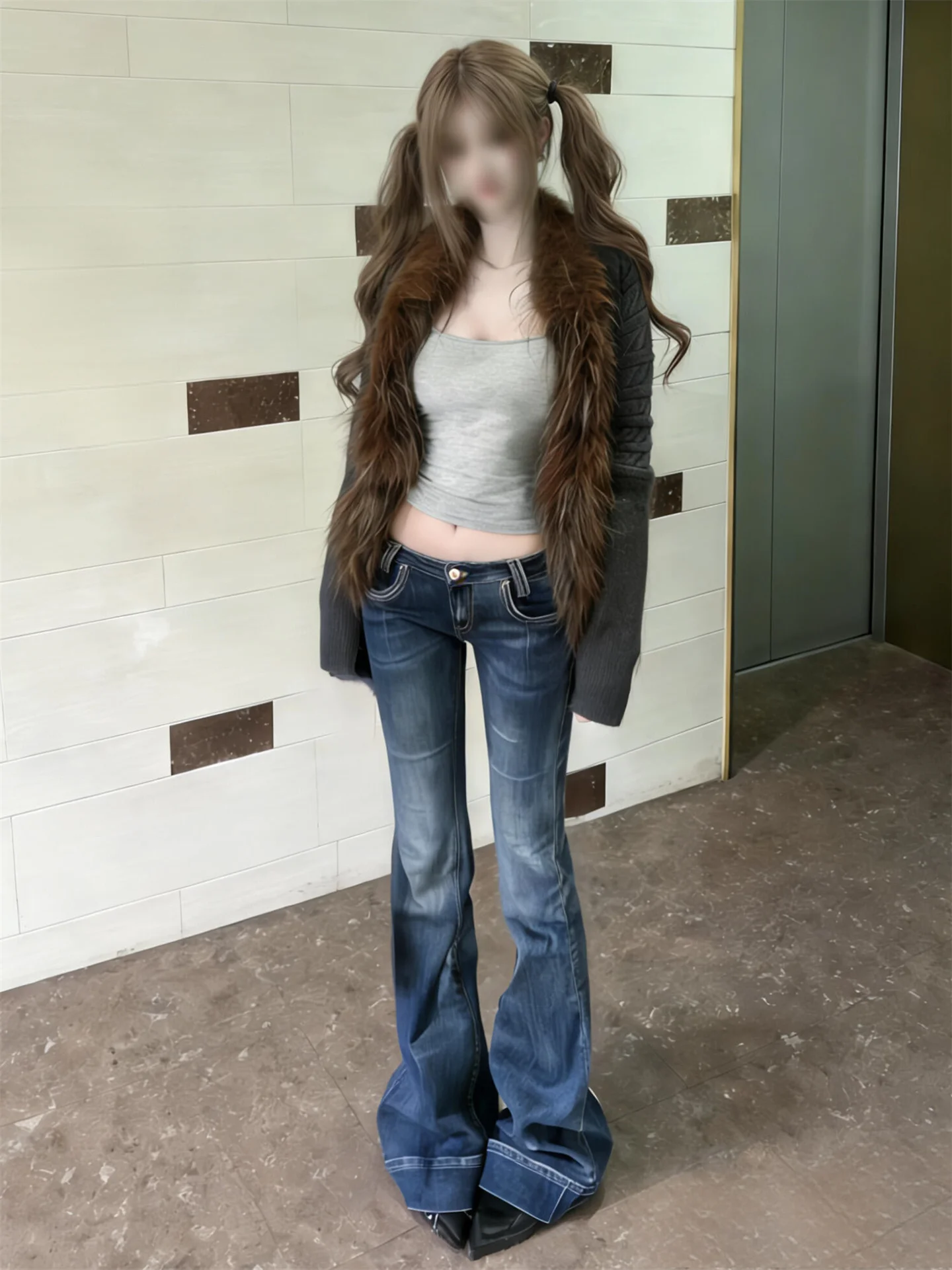 

American Vintage Low Waist Bell Bottom Jeans Women's Spicy Girl Slimming Floor Length Casual Cotton Stretch Denim Pants