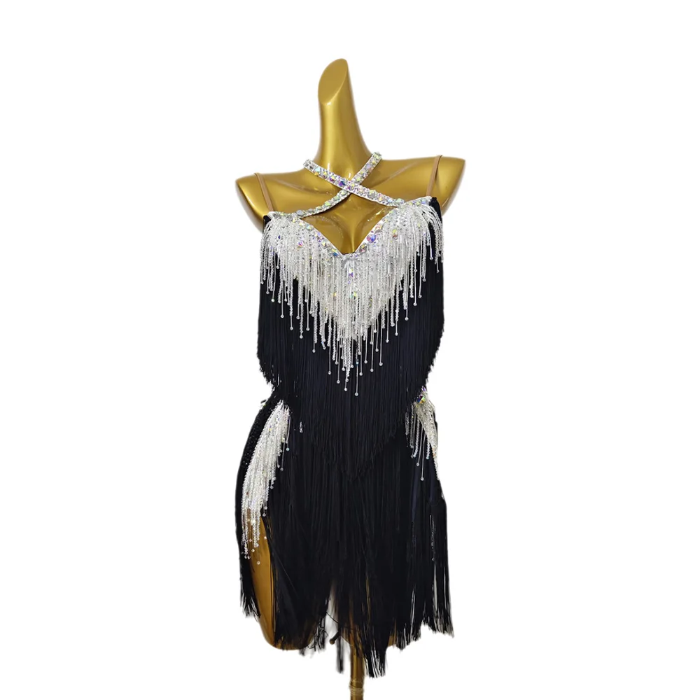 

Костюм для латинских танцев AB Stone для женщин, взрослых и детей, высококачественное черно-белое платье для выступлений на заказ, ча-самба