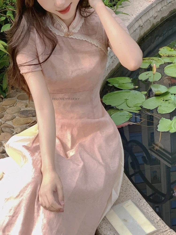 

Daily Improved Chinese Style Qipao Dress Pink Sweet Gentle Temperament Fashionable Qipao Vintage Fairy Leisure Aodai Dress
