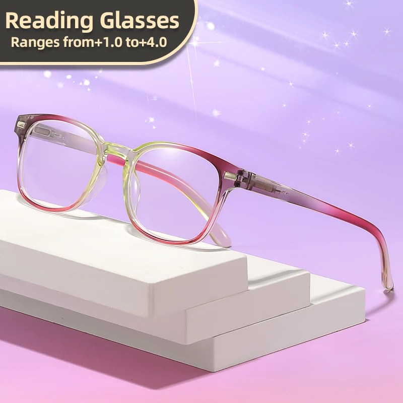 Oyalie Multi-Color Gradient Reading Glasses, Transparent Gradient, Colorful and Contrasting Colors, Suitable for Matching Outfits, Elastic Hinge, Expands for a Larger Fit, Modifies the Face Shape, Transparent Lenses for Clear Vision, Reading Glasses with Prescription Coverage from +1.00 to +4.00 Degrees