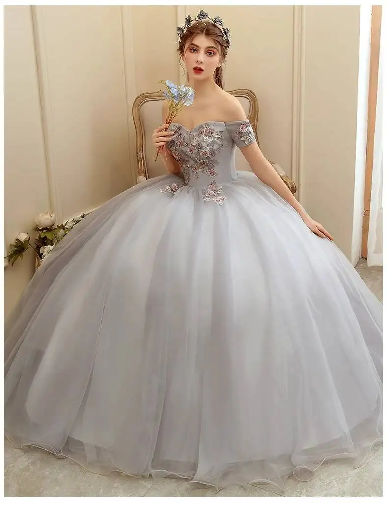 colorful Flowers Lace Applique Beads Off the Shoulder Quinceanera Dresses Silver Gray Tulle Skirt Prom Party Gown robes 15 Years