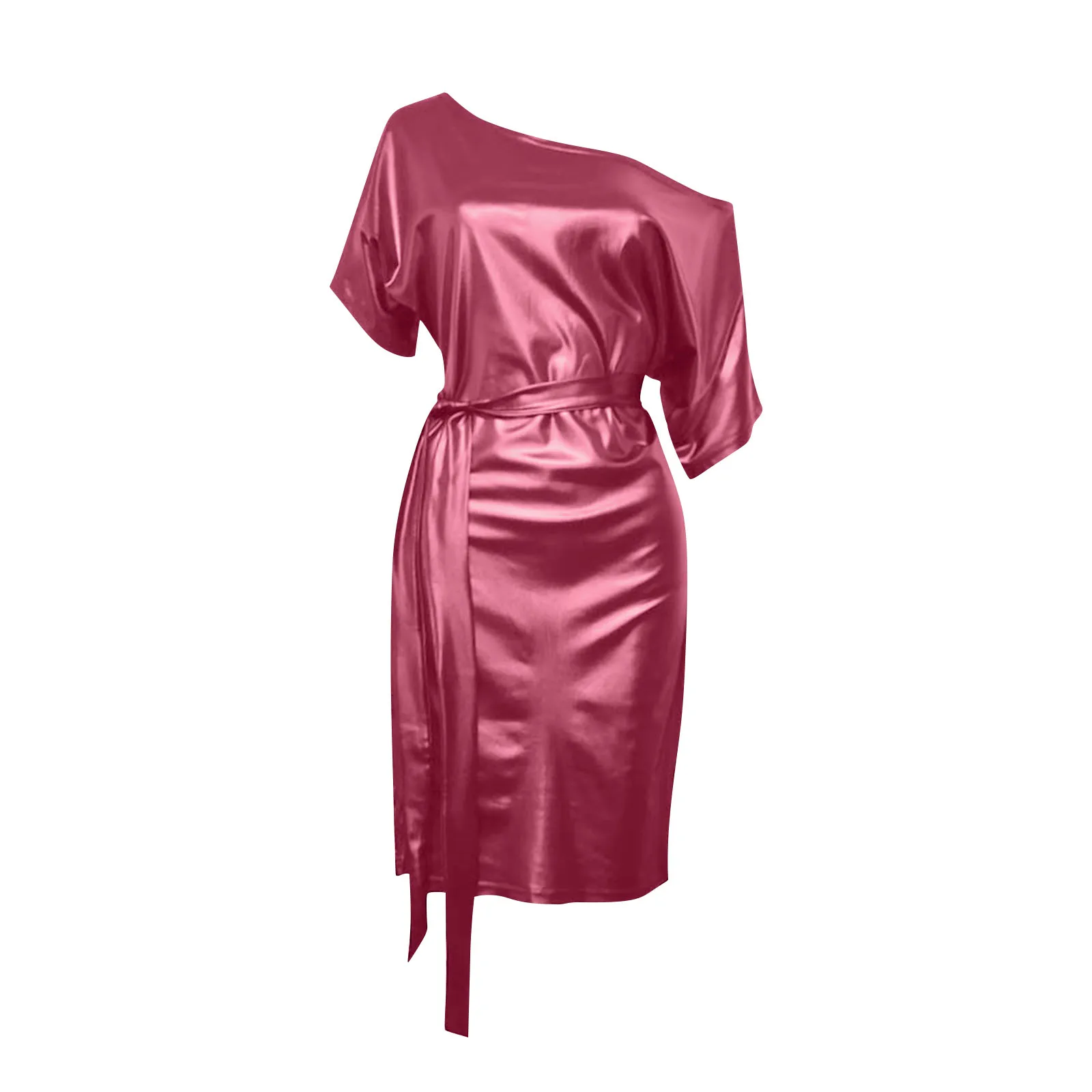 เดรสยาวปานกลางทรงเข้ารูป คอวี แขนสั้น สีพื้น ดีไซน์ทันสมัยสำหรับผู้หญิง เอวยืดหยุ่นผูกเชือก แต่งลูกไม้ ความยาวคลุมเข่า