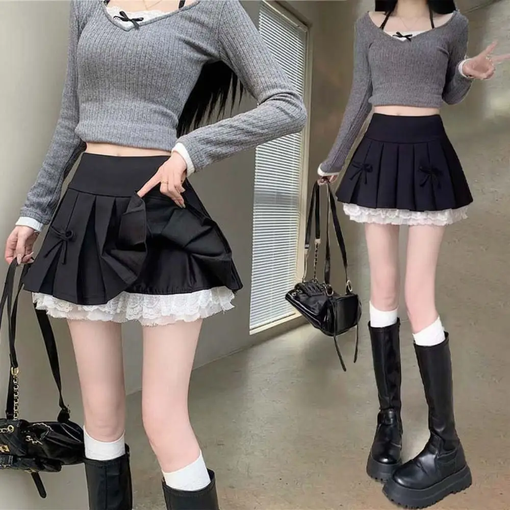 

Simple Lace Pleated Mini Skirts Ruffled Preppy Bowknot High Waist Skirt JK Dress A Line Skirt with Safety Pants Business