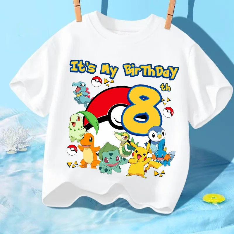 T-shirt en coton pour enfants Pokémon Pikachu, dessin animé, pull numérique d'anniversaire, décontracté, ample, respirant, pour l'été, hauts Kawaii, cadeau