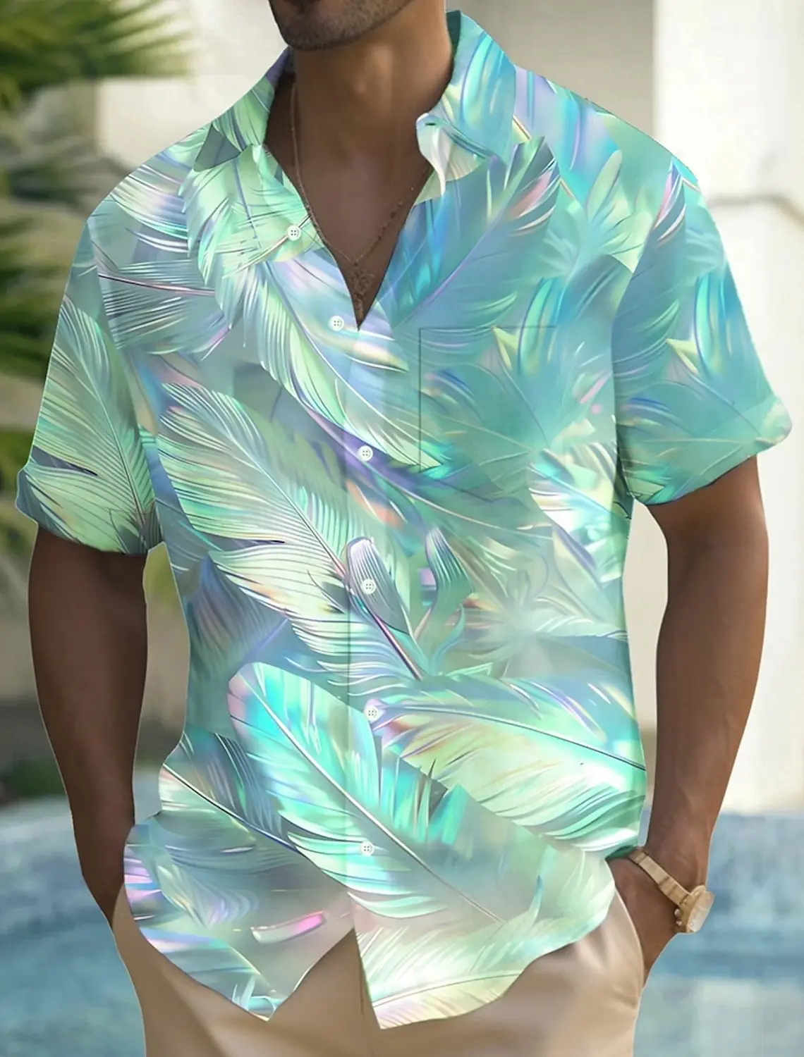 

2025 summer Hawaiian beach Retro Hawaiian Leaves & Floral 3D Digital Printing Button Pocket Short Sleeve Shirt For Men