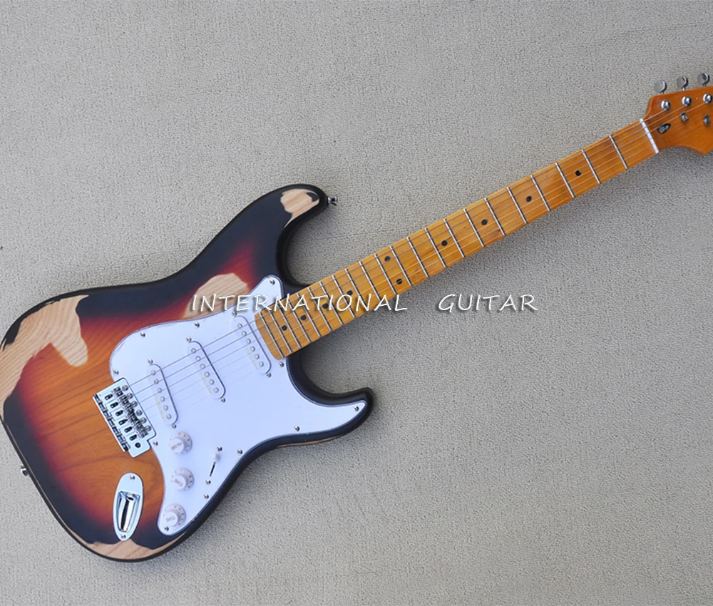 6 Strings Relic Tobacco Sunburst Electric Guitar with White Pickguard,Yellow Maple Fretboard