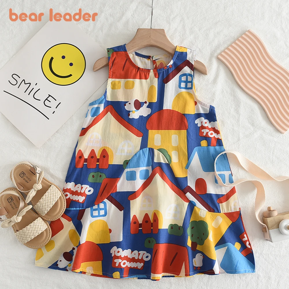 Bear Leader Girls Dresses 2023 New Girls Magnanimous Cartoon Pattern Print Sleeveless Tank Dress 3-14 Years Old Girls Clothing