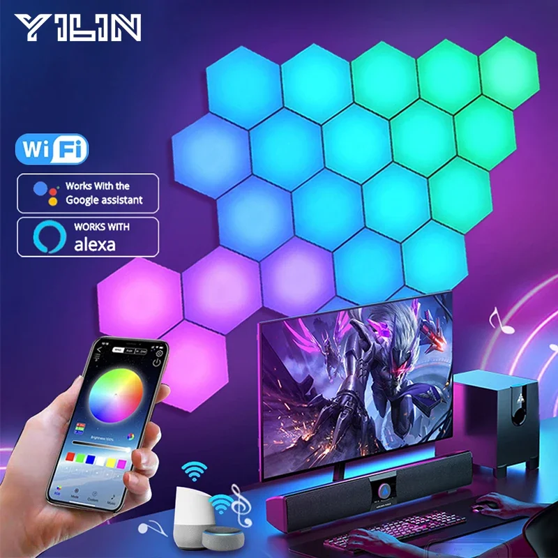 Smart Hexagon Wall Light para sala de jogos, cor dos sonhos, lâmpada ambiente RGB, controle de aplicativos WiFi, música Sync, trabalhar com Alexa, luz noturna