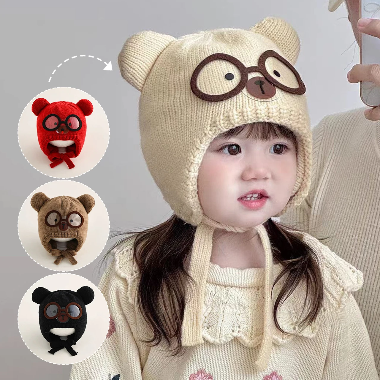 Winter Warm Baby Beanies Hat Cartoon Cute Woolen Knitted Ear Protection Lacing Cap Boy Girl Children Windproof Bonnet Hat view 3