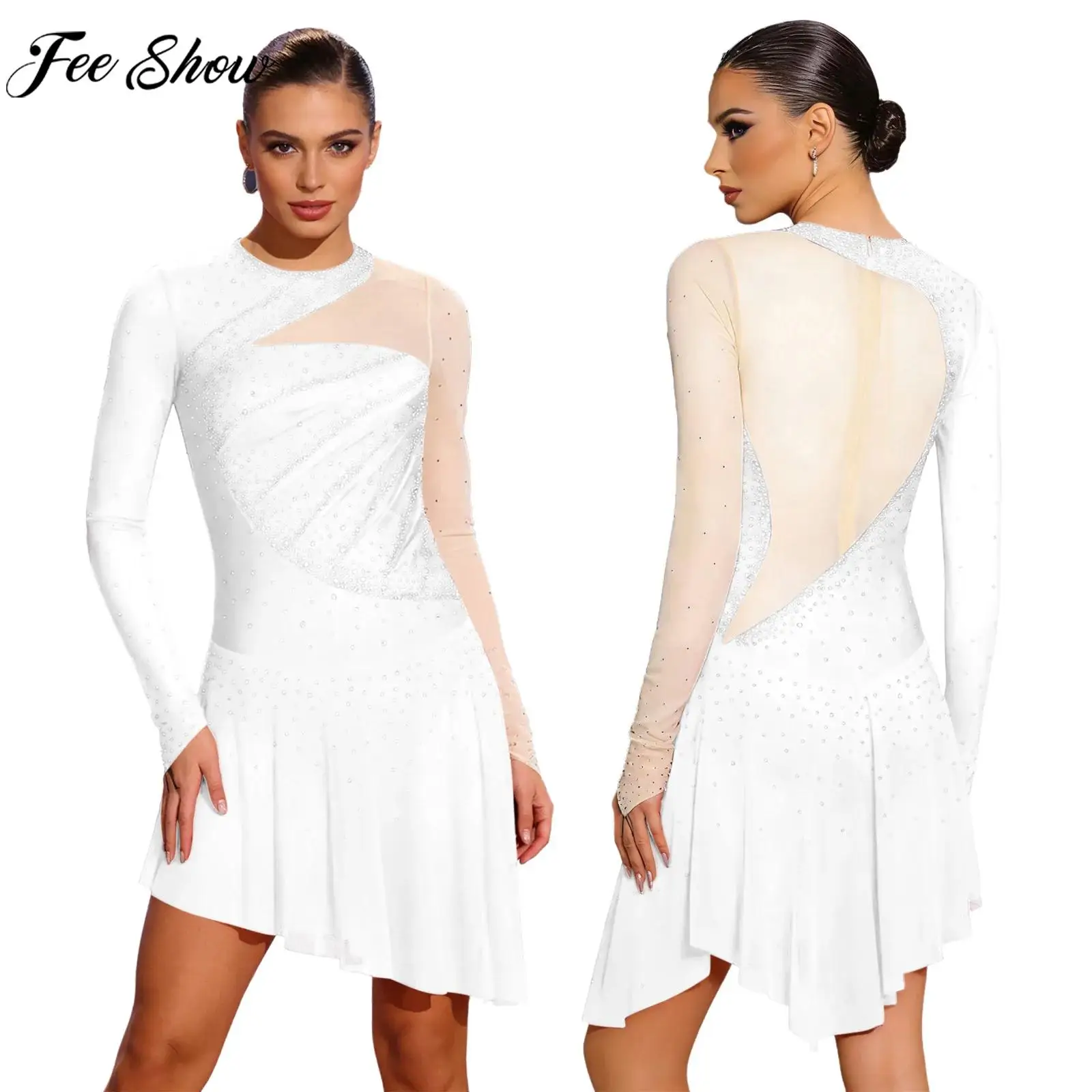 

Женское платье для фигурного катания, художественной гимнастики, акробатики, лирического танца, боди, с длинным рукавом, со стразами, сетчатое, танцевальное