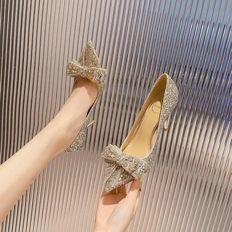 Autumn Luxury Pointed Toe Pumps Sequined Rhinestone Butterfly Women heels Gold Silver High Heels Party Wedding Shoes