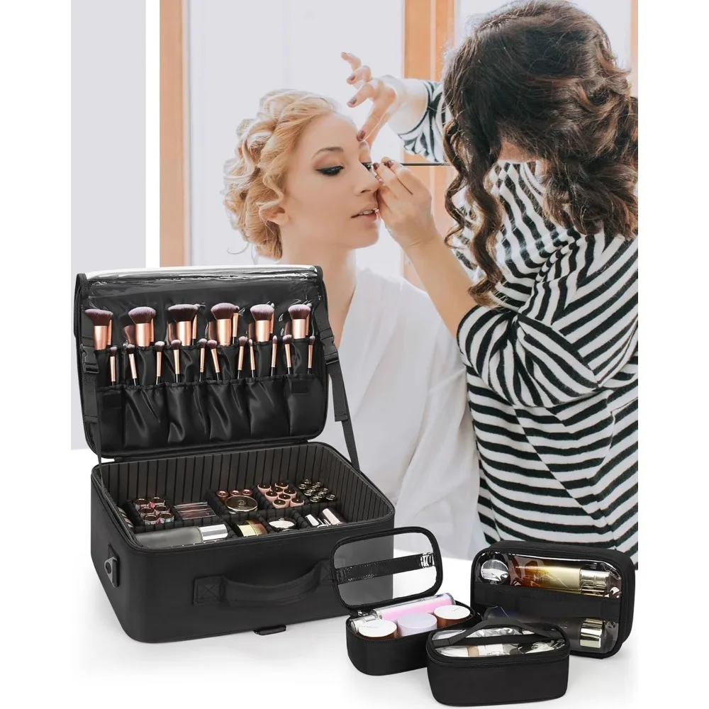 Bolsa de maquillaje grande con 3 bolsas extraíbles, divisores ajustables y soporte para brochas, estuche organizador de cosméticos de viaje profesional