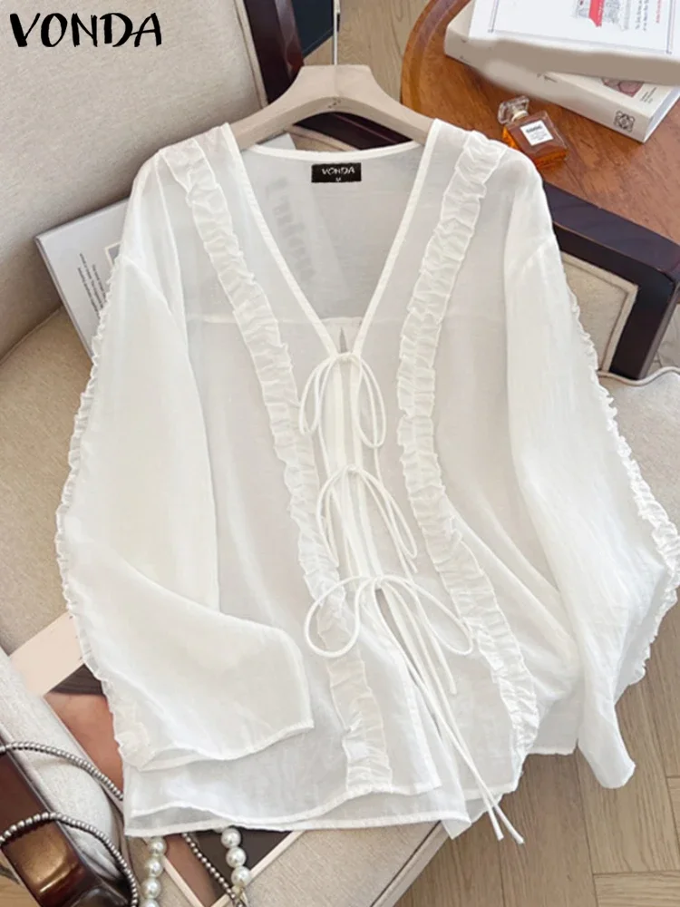VONDA 여성용 쉬폰 롱 가디건 2025 패션 레이스업 커버업 긴 소매 셔츠 캐주얼 루즈 시스루 빈티지 비치 탑