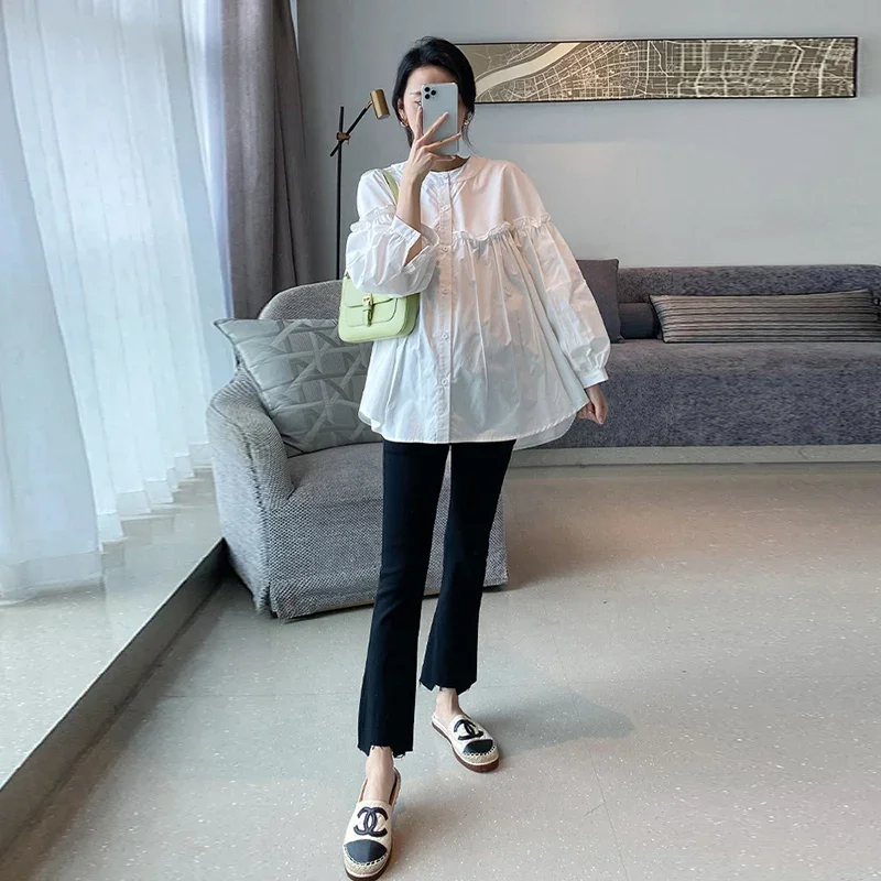 Maternity Loose Blouse Cotton Long Sleeves Stand Collar European Fashion Design Pregnant Women Blouse