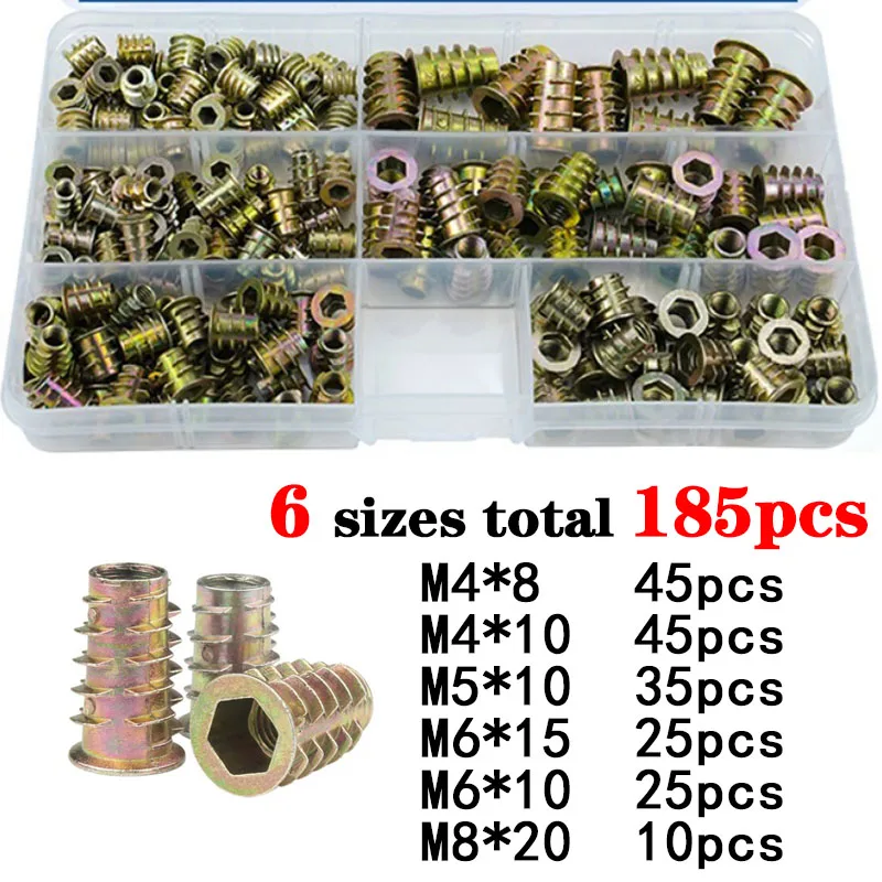 185pcs Thread Insert Nut Set Zinc Alloy M4 M5 M6 M8 Wood Inserts Nut Kit Hexagon Head Furniture Nut