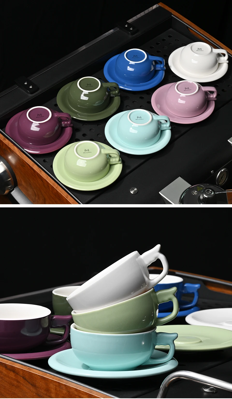 MUVNA 240ml Ceramic Latte Art Cup Embossed Coffee Cup With Saucer Thick Rim Wing Handle Barista Cappuccino Espresso Cup