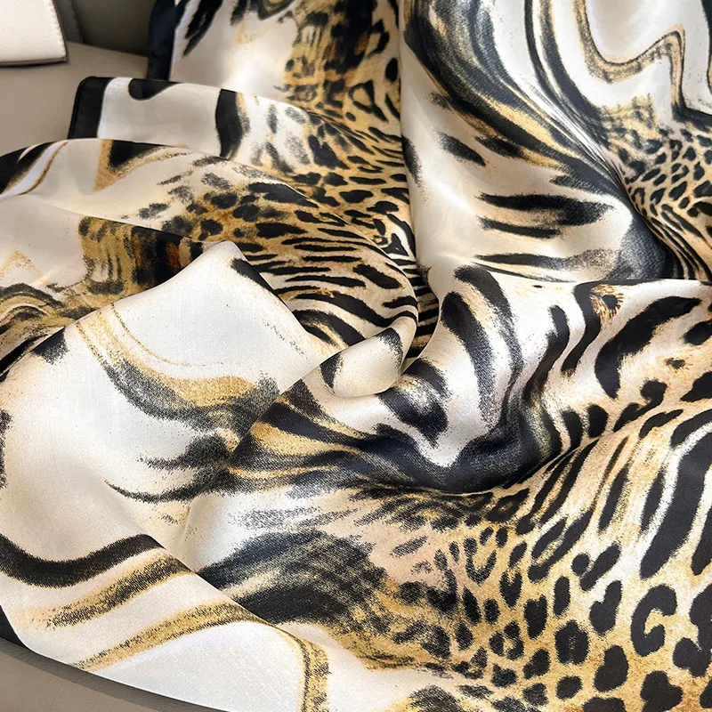 2023 Autumn Winter Fashion Leopard Print Silk Scarf Women Beach Long Sunscreen Large Size Scarf Outdoor Soft Shawl Lady 180*90cm