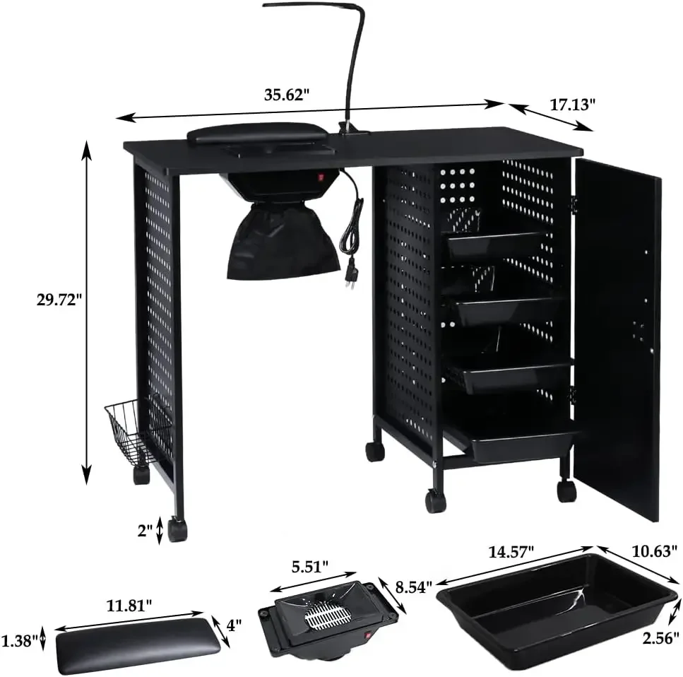 Маникюрный Стол для ногтей с пылеуловителем, Маникюрный Стол Для техника, металлическая рама с 4 большими ящиками, вертикальная лампа, запираемый