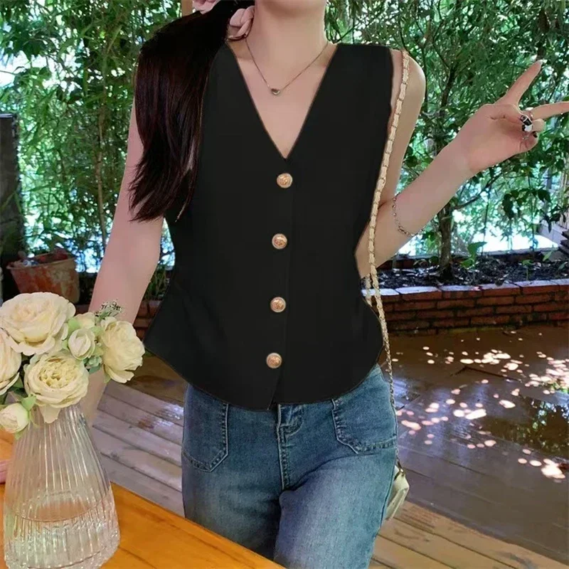 Gold Button Vest For Women V-neck Ruched Waist Sleeveless Knit Waistcoat Top Effectless Chic French Trendy Outfit
