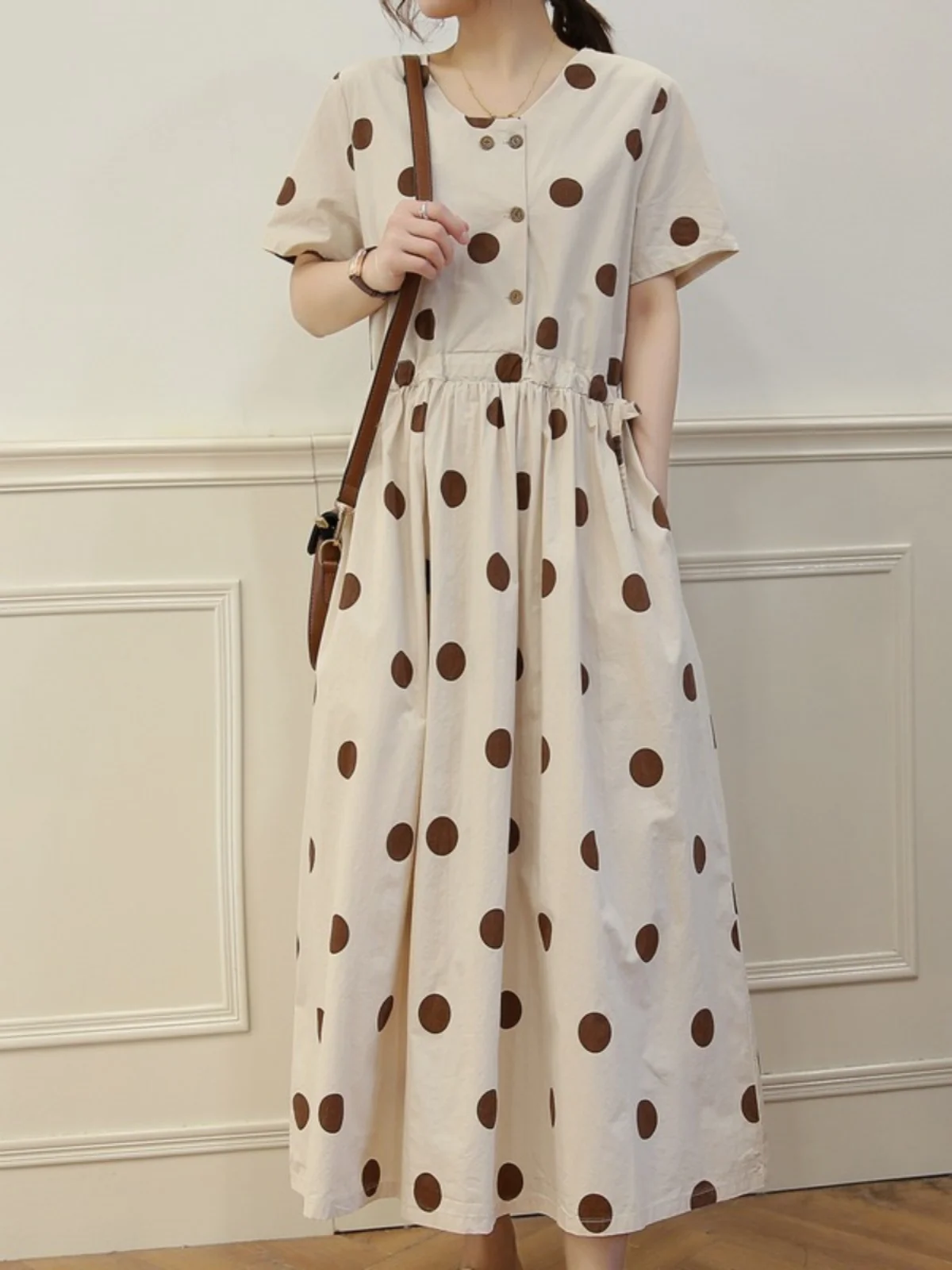 

Retro Cotton Materni Dr Women's Faionable Casual Polka Dot Long Dr High Waist A-Line Skirt ort Sve Summer Dr