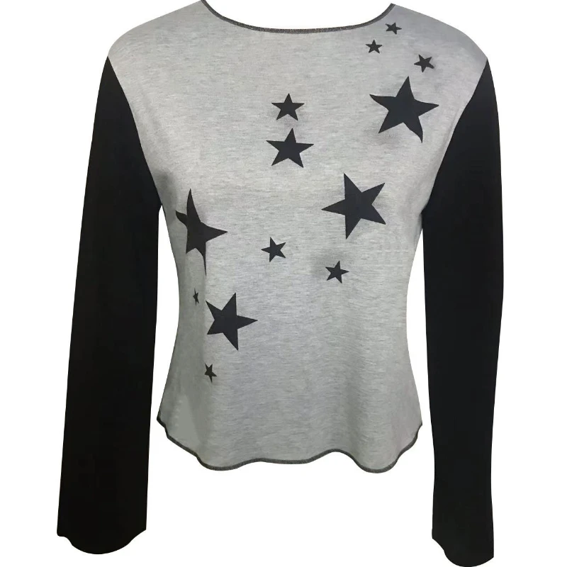 

Harajuku модная футболка с круглым вырезом контрастного цвета с пентаграммой и звездным принтом, персонализированный универсальный топ с длинными рукавами и микроподтяжкой