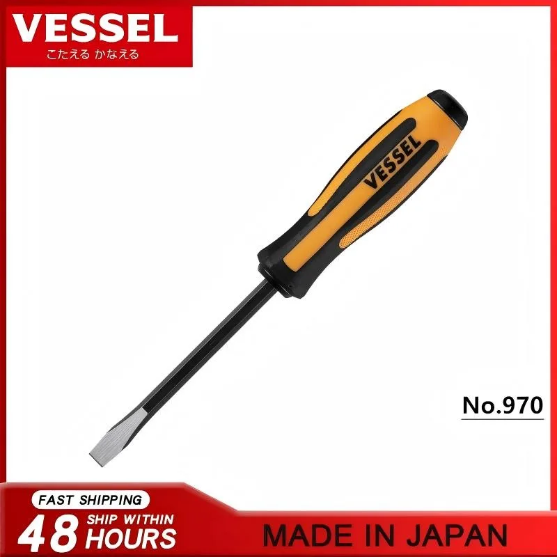 VESSEL No.970 JIS MEGADORA Chisel Screwdriver (7x100/9.5-120) - 58HRC, Impact-Absorbing Grip, for Spot Welding/Deburring/Tiles