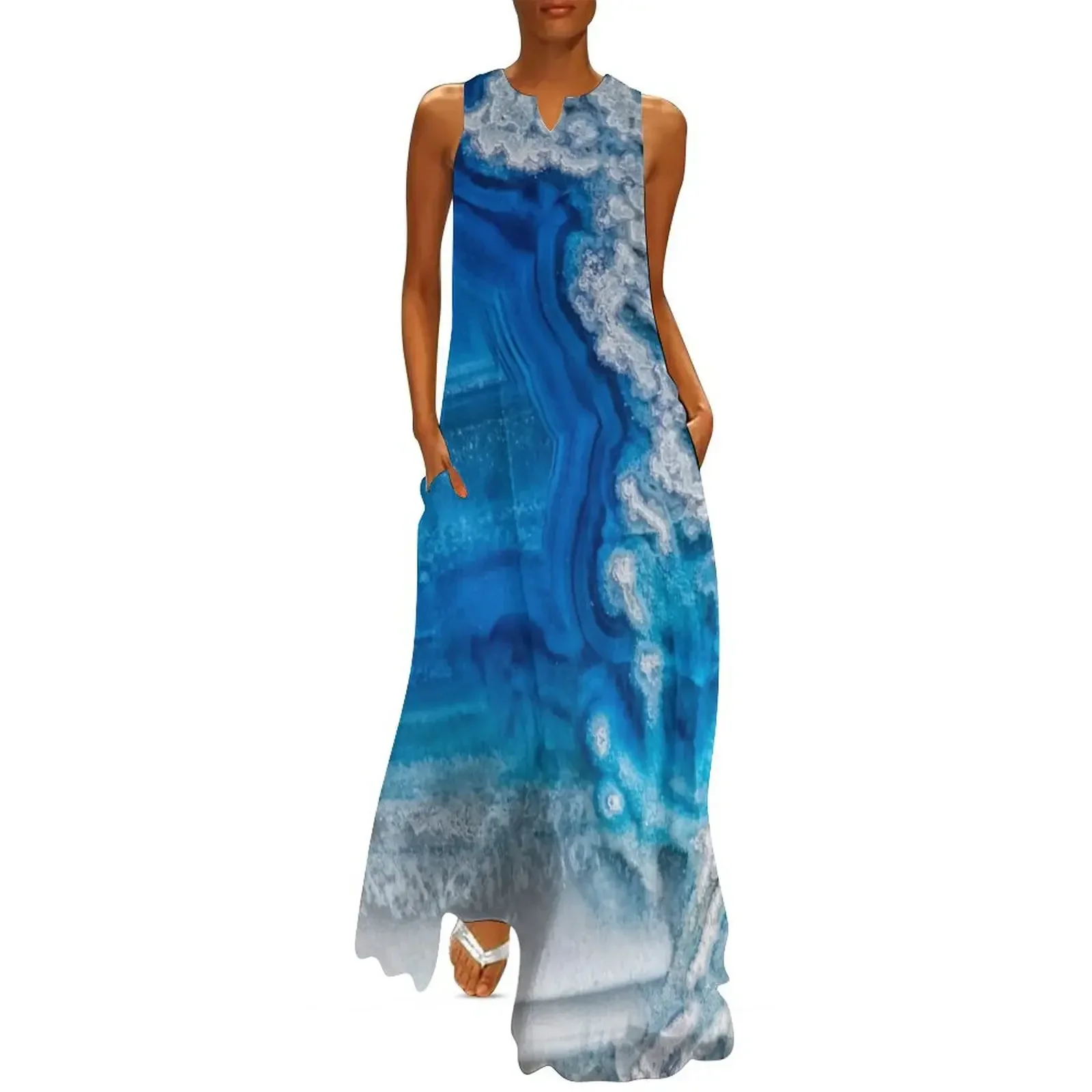 

Blue and white agate crystal Long Dress evening dresses ladies Summer women's clothing Prom gown dress summer Dress
