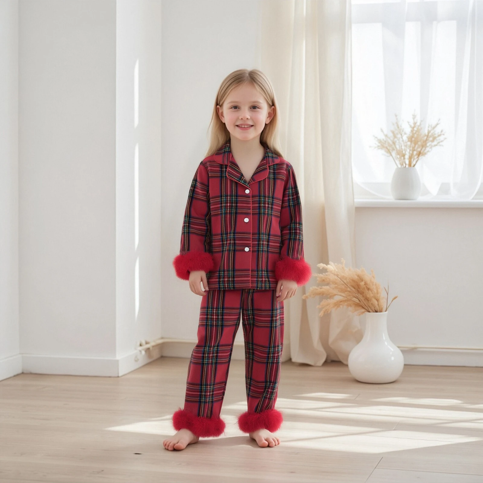 2026 عيد الميلاد فتاة صغيرة عيد الميلاد منقوشة بيجامة مجموعة غامض تقليم كم طويل بلايز ومرونة الخصر السراويل 2 قطعة ملابس خاصة الزي #3