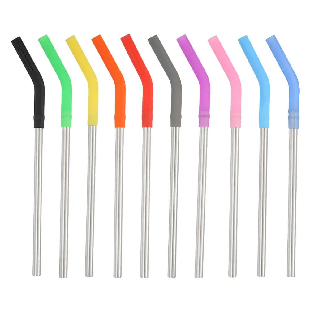 10Pcs Stainless Steel Straws Set Lifetime Use Silicone Suction Nozzle Reusable Curved Straws for Smoothies Yogurt