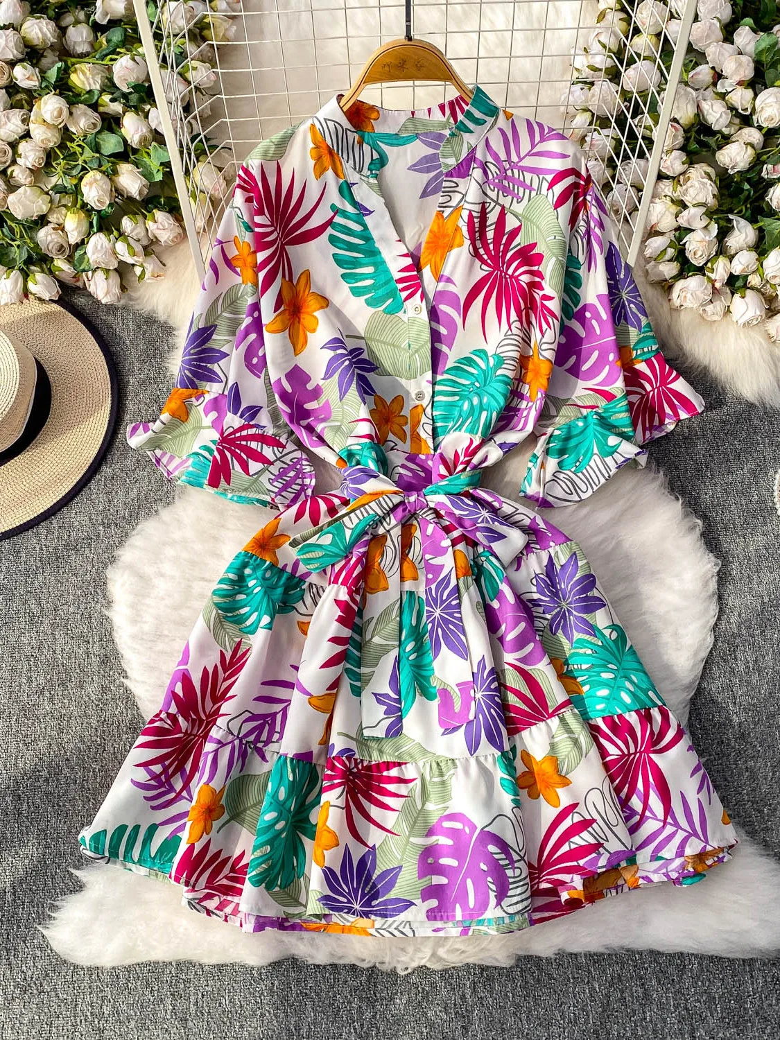 Holiday Dress Women's Summer Printing Strap Waist Thin Ruffle Edge Casual Loose Dress Boho Beach