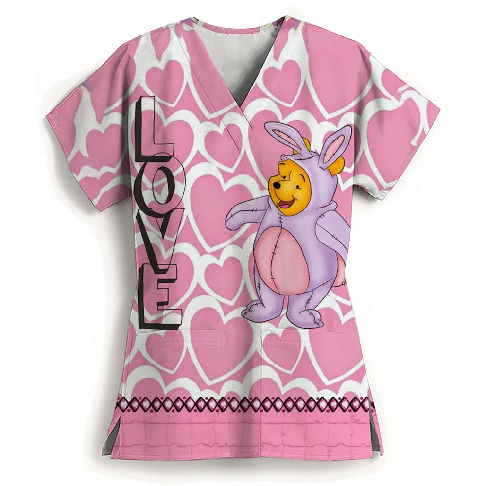 Cartoon Disney Winnie the Pooh Printed Pattern Women's Nurse Uniform V-neck Pocket Kawaii Cute T-shirt Top Simple andFashionable