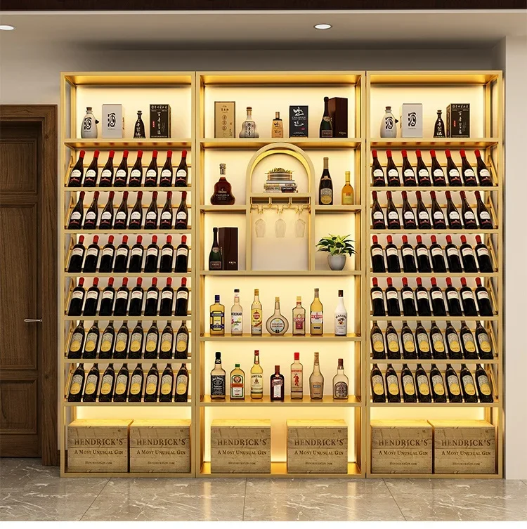

-Customizable Stainless Steel Wine Cabinet With Acrylic Luminous Back Panel Embedded Niche Wood Bookcase Display