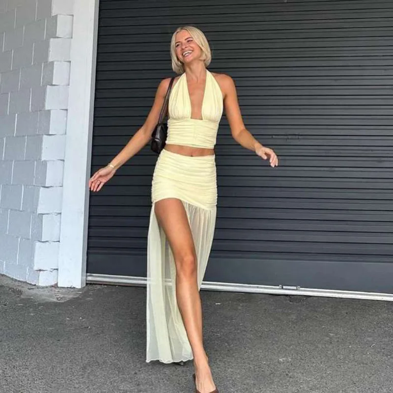 Sexy Yellow Women's Prom Dress Halter V Neck Sleeveless Top+Short Mini Party Gown Summer Side Split Skirt Robes In Stock