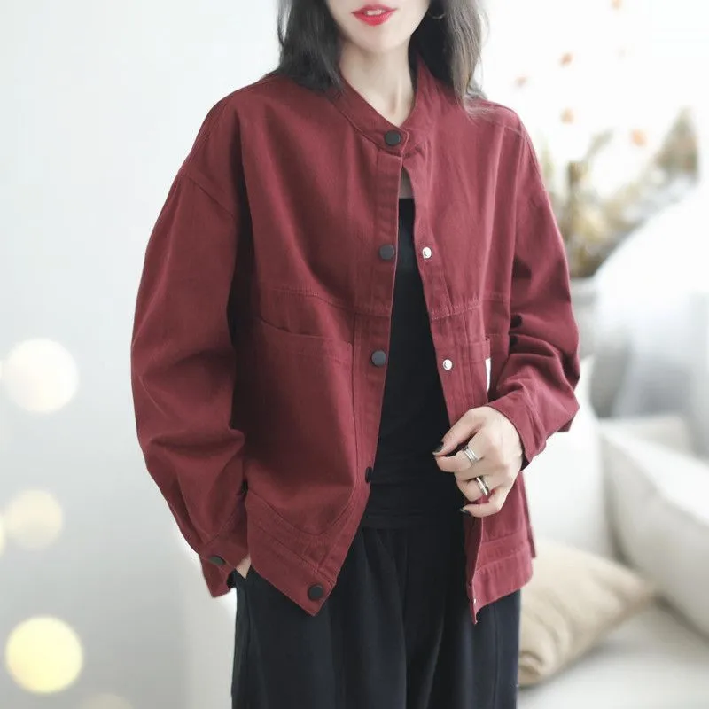 

New 2025 Women's Spring Autumn Coat Pure Cotton Solid Color Jacket Retro Versatile Fashion Large Pocket Casual Coat Top