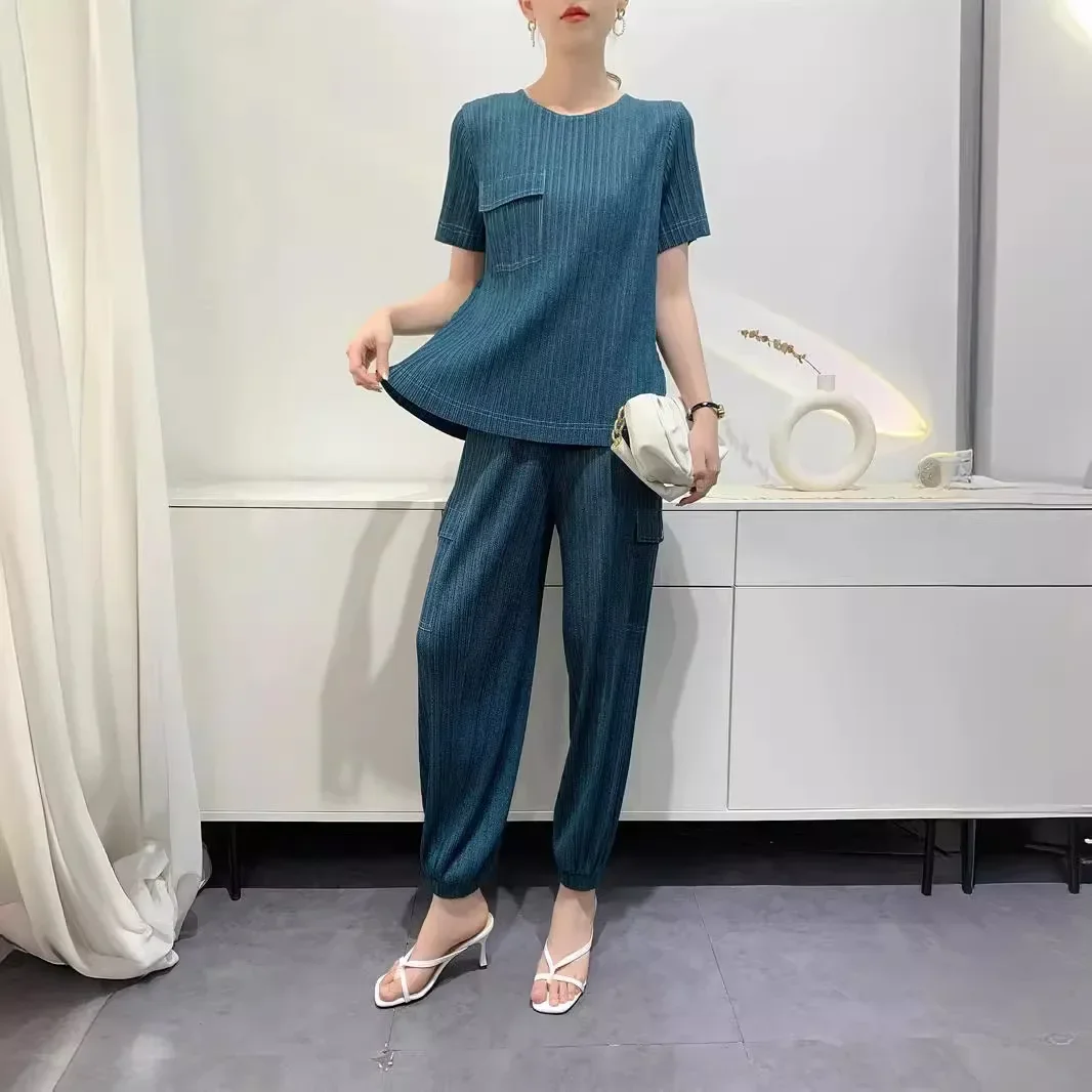 

Pleats Pleated Printed Denim Colour Pleated Set Women's Top + Trousers Comfortable Casual Niche Design Women's Clothing