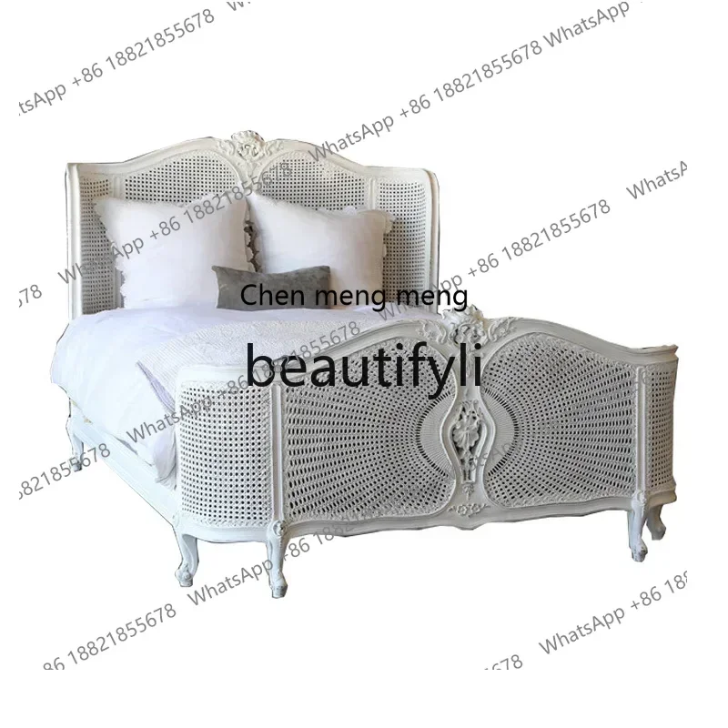 

FFFFrench solid wood carving flower double bed log full solid wood rattan woven bed European rattan art antique European bed H