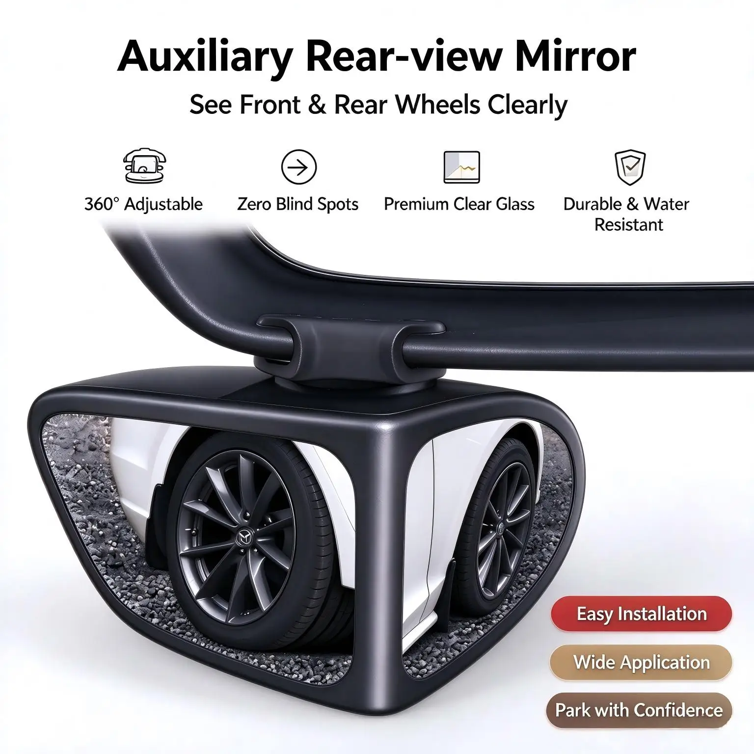 Dual Lens Blind Spot Auxiliary Mirror Front Rear Tire Curb Alignment View Car Aids 360° Rotation Rainproof Glass Universal Use