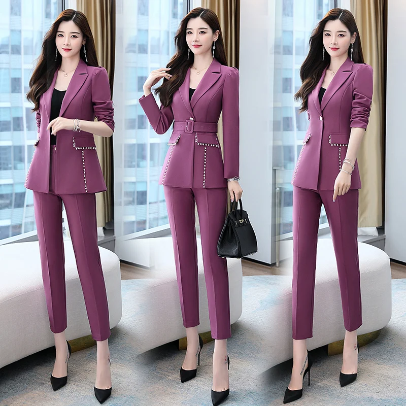 Top Grade 2022 Women's Blazer Sets Autumn Single Button 2 Pieces Work Suits Office Ladies Blazer Coat with  Ankle Length Pants